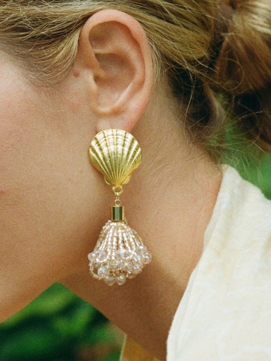 Sccollection Jewelry - Gold Shell Drop Earrings with Blush Bead Tassel